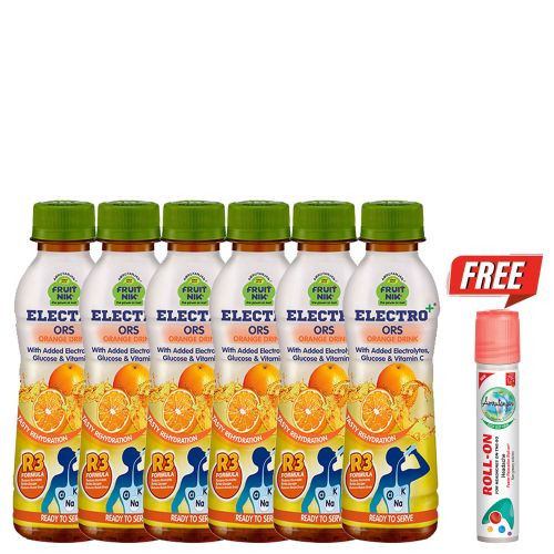 Fruitnik Electro+® ORS Orange Drink 200 ml (6 units) + Free Amrutanjan Faster Relaxation Roll-On™ 5 ml (₹35)
