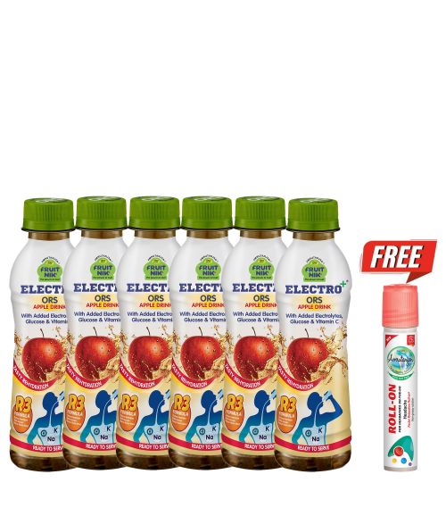 Fruitnik Electro+® ORS Apple Drink 200 ml (6 units) + Amrutanjan Faster Relaxation Roll-On™ 5 ml (₹35)