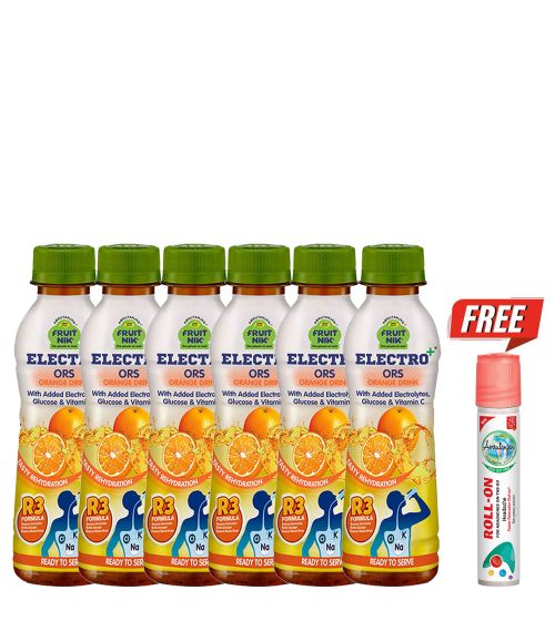 Fruitnik Electro+®  ORS Orange Drink 200 ml (6 units) + Amrutanjan Faster Relaxation Roll-On™ 5 ml (₹35)